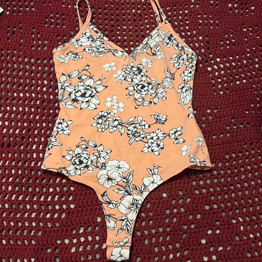 Coral and white flower bodysuit tank top